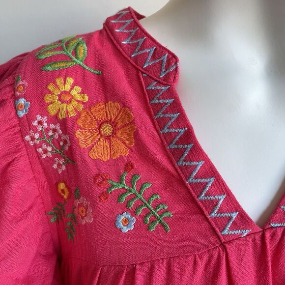 Umgee Floral Embroidered Boho Linen Blend A-line Dress Pom Pom Trim Pink - Small - Picture 3 of 12